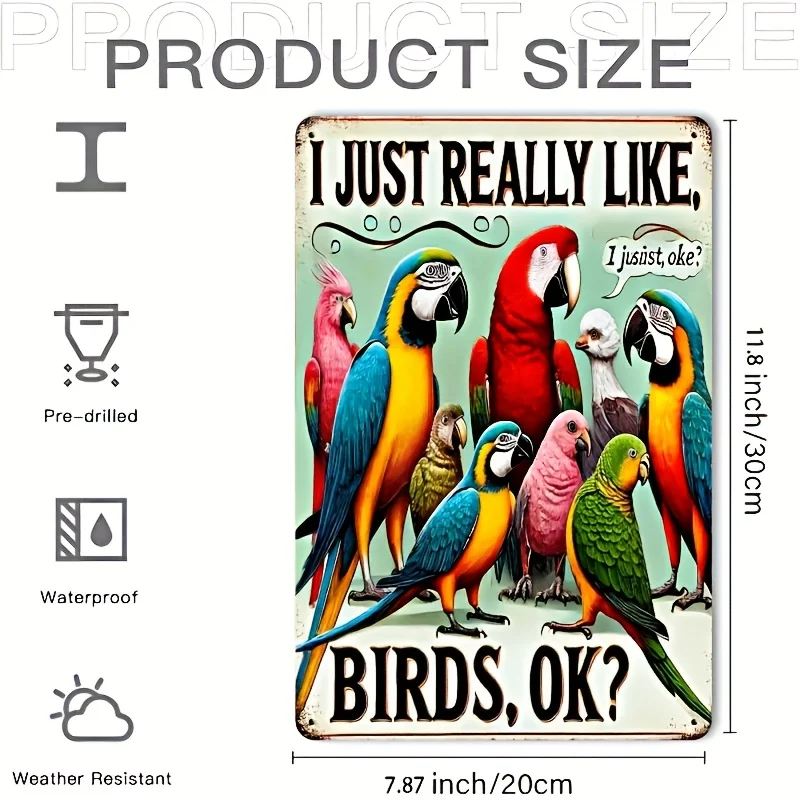 Room Decor 1pc Retro Style Tin Logo - Iron, I Really Like Birds, Charming Parrot Design, Rustic Metal - Ideal for Home, Bar, Caf