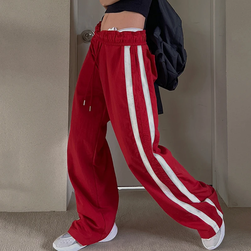 الأمريكية المتناقضة خمر الرباط Sweatpants موضة الأشرطة مستقيم بنطال ذو قصة أرجل واسعة فضفاض التطهير بنطلون السيدات الصيف