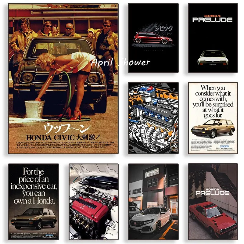 Famous Automobile Brands Honda CIVIC Car Serie Retro Posters Canvas Painting and Prints Wall Art Picture for Boy's Room Decor