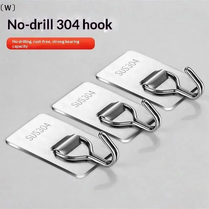 〔W〕Stainless Steel Adhesive Wall Hook No Drill Self Sticky For Kitchen Bathroom Household Storage Organizer