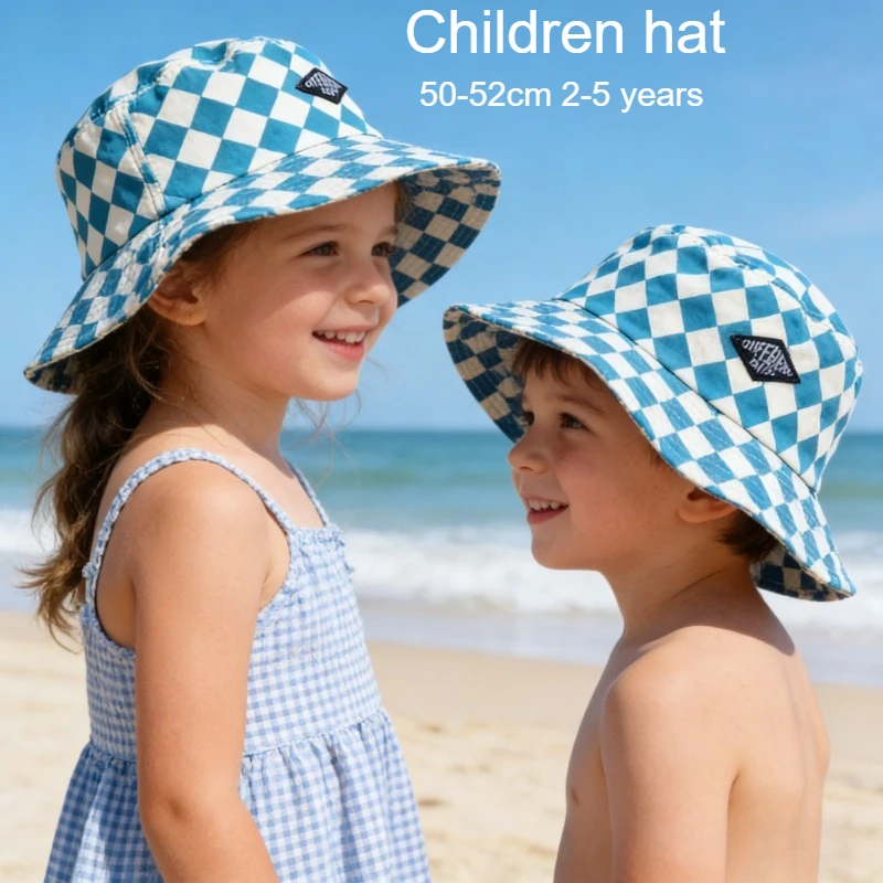 1PCS Fashionable Checkerboard Pattern Kids Bucket Hat Cute Plaid Baby Boys Girls Sun Hat Soft Kids Chilren Fisherman Panama Caps