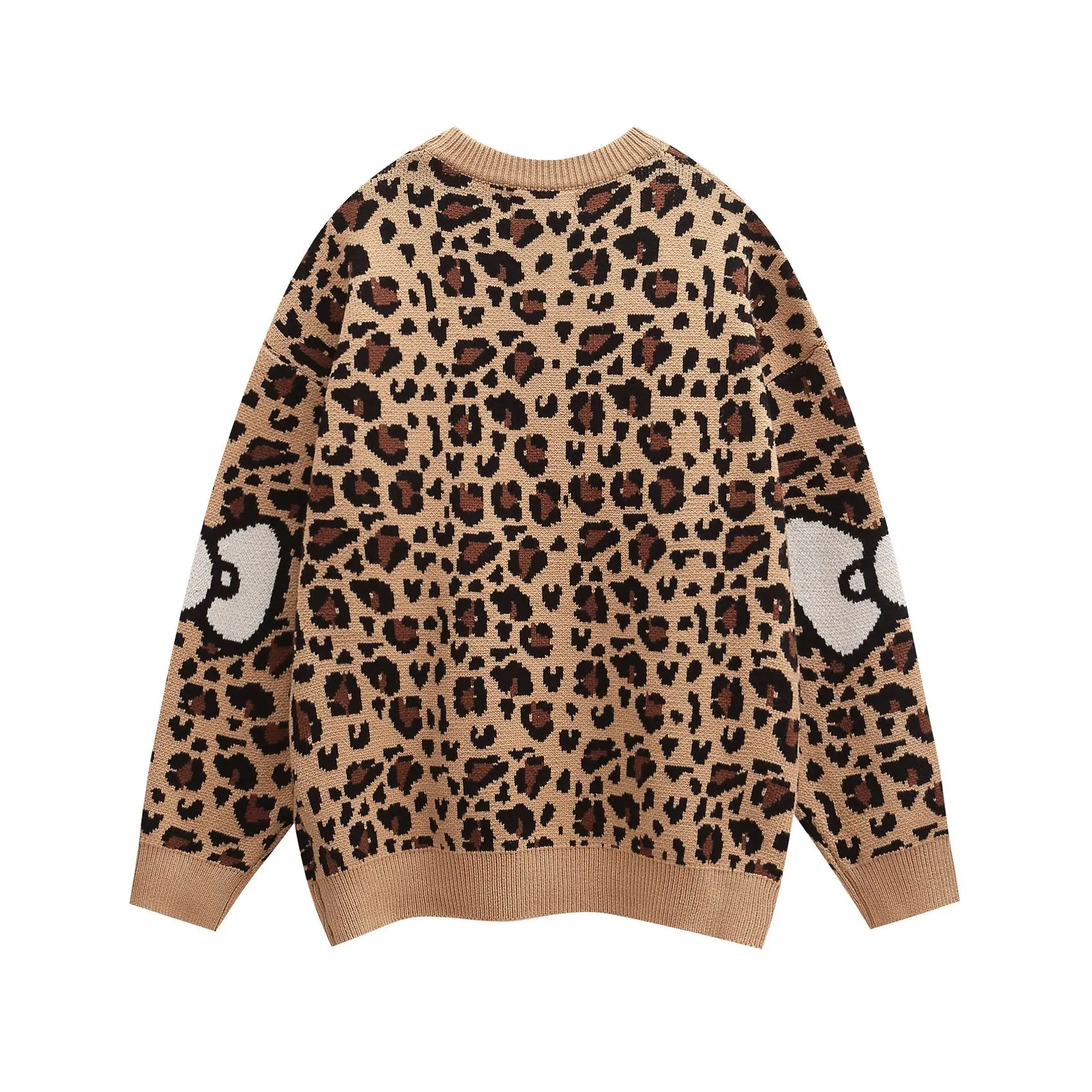 American Retro Fun Cartoon Cat Leopard Print Pullover Long Sleeve Letter Jacquard Loose Sweater Men and Women Autumn Winter