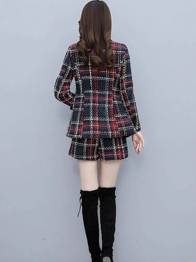 Tweed Jacket Short Pants Two Piece Set Women 2023 Spring Small Fragrance Double-breasted Coat Plaid Blazer And Shorts Tweed Suit