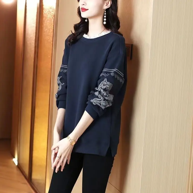 Embroidered Lace O-Neck Women's Spring and Autumn 2024 New Splicing Fashion Loose Minimalist Casual Long Sleeve Sweatshirts