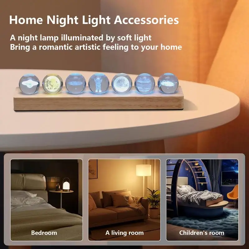 Desk Night Light 3D Crystal Ball Night Light Dreamy Illumination Ornament With Wooden Base For Living Room Study Room Dormitory
