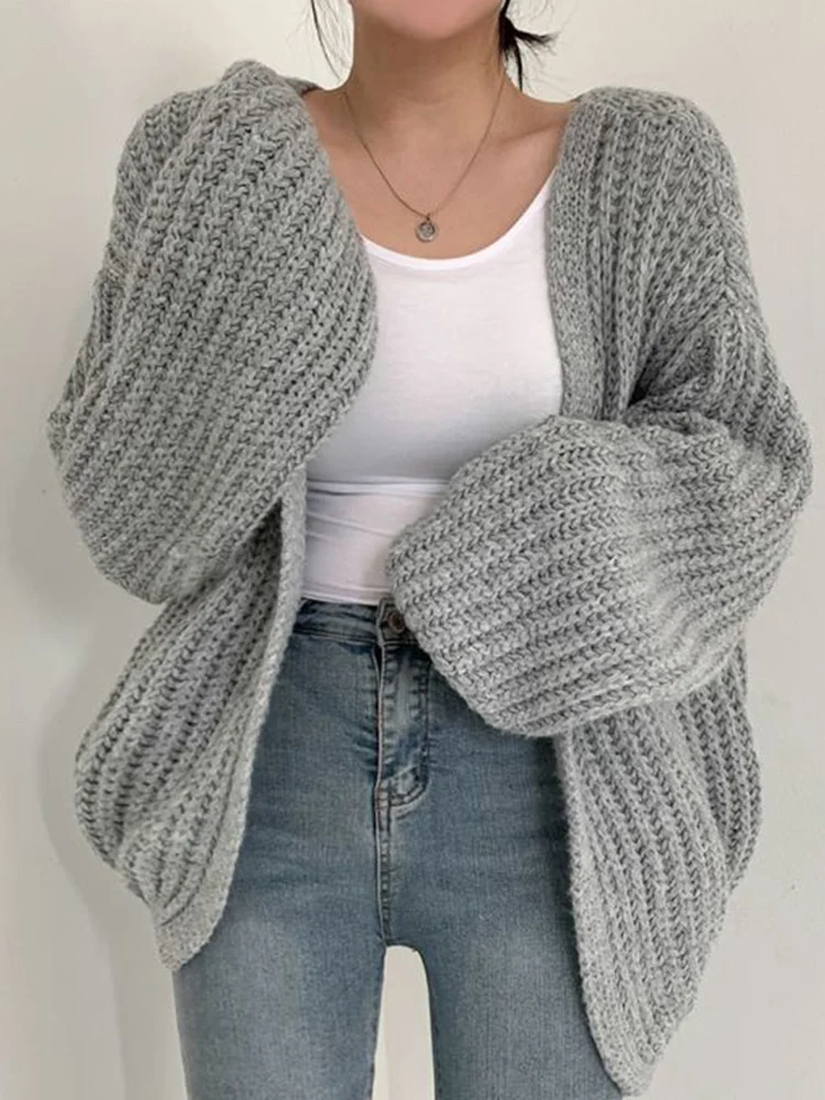 Chique outono preguiçoso sle v-ne versátil solto casual cor lanterna sve malha aberta cardigan camisola casaco