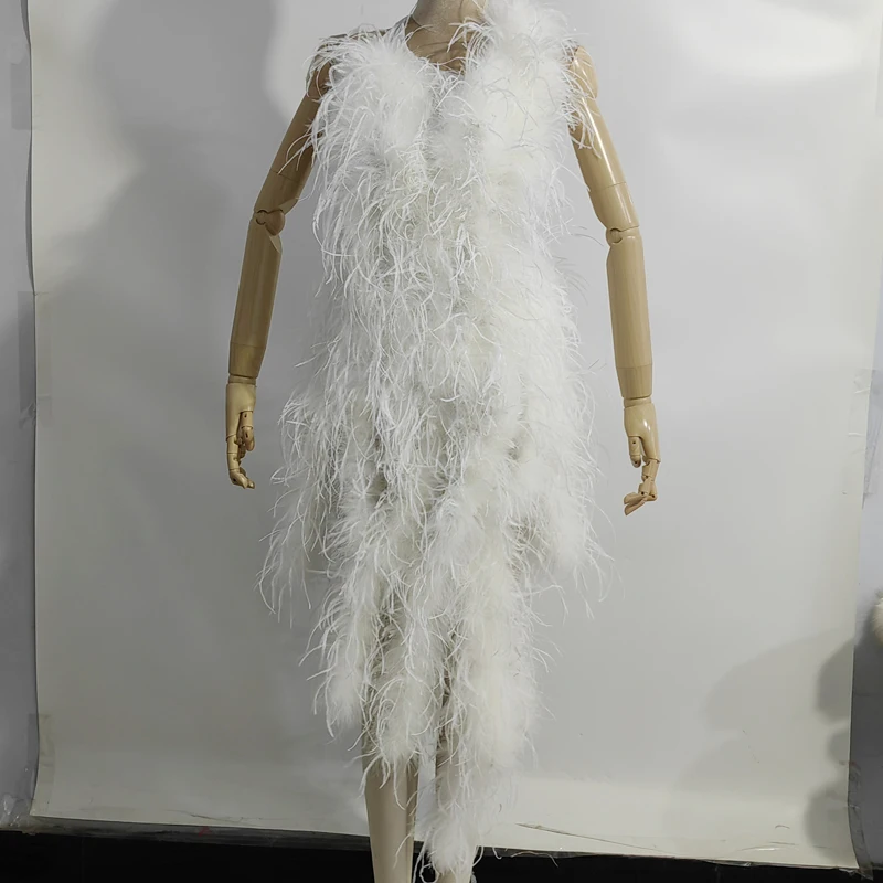 Neuestes Design eines Kleides aus 100% natürlichen Straußenfedern, mehrfach geschwungenes Design, durchsichtiges rückenfreies Kleid, sexy Damenkleid. – Detail 7