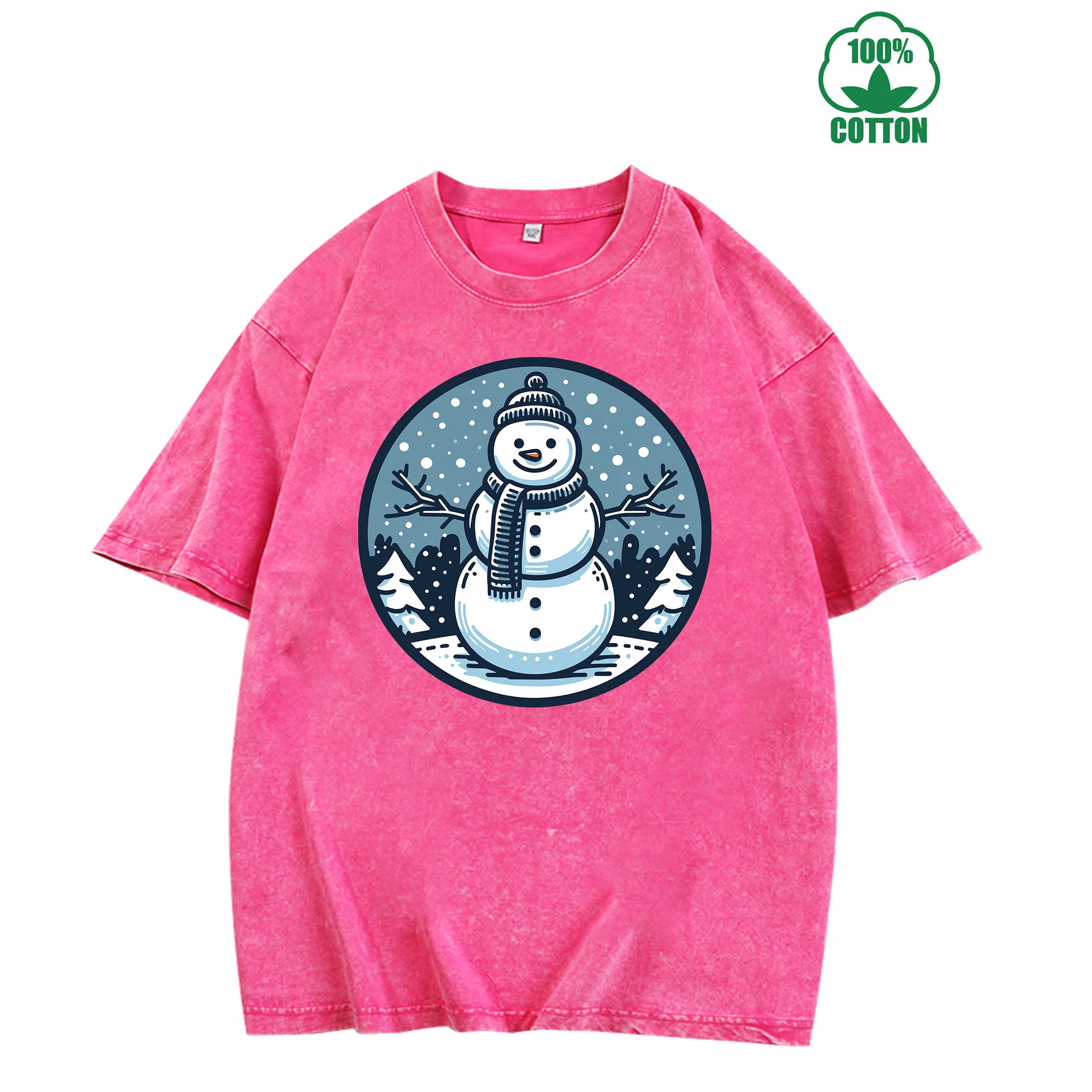 Christmas Snowman Vintage Washed T-Shirt 230g 100% Cotton Unisex Comfortable Oversized Streetwear