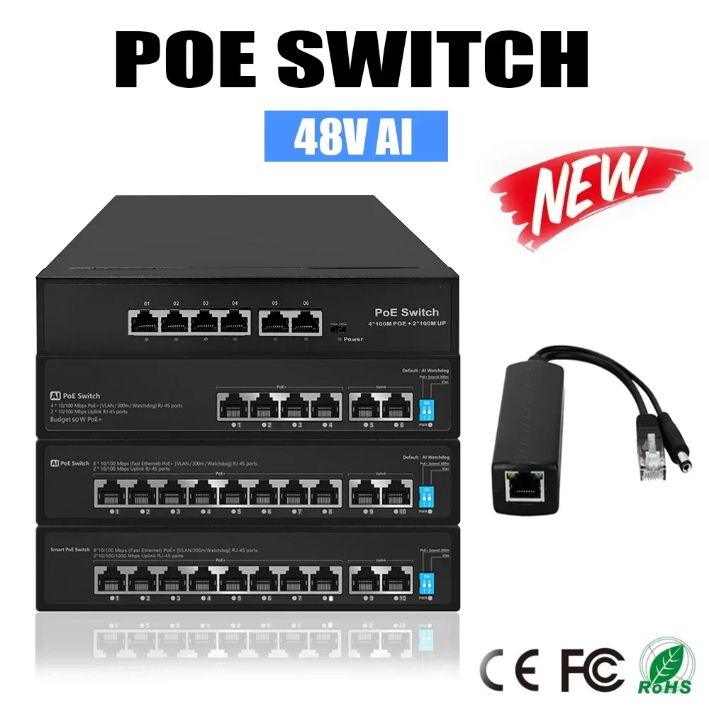 48V POE Switch 6/10Ports HD Smart IP Switch POE Standard RJ45 Injector Switcht for IP Camera Wireless AP Switch/Wireless AP/CCTV