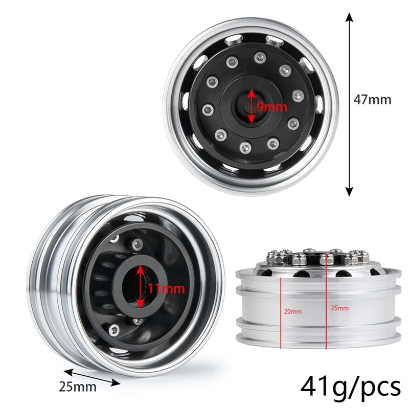 2Pcs Metal Front Wheel Hub Wheel Rim 10 Spoke For 1/14 Tamiya Trailer Tractor Truck RC Crawler Car Upgrade Parts