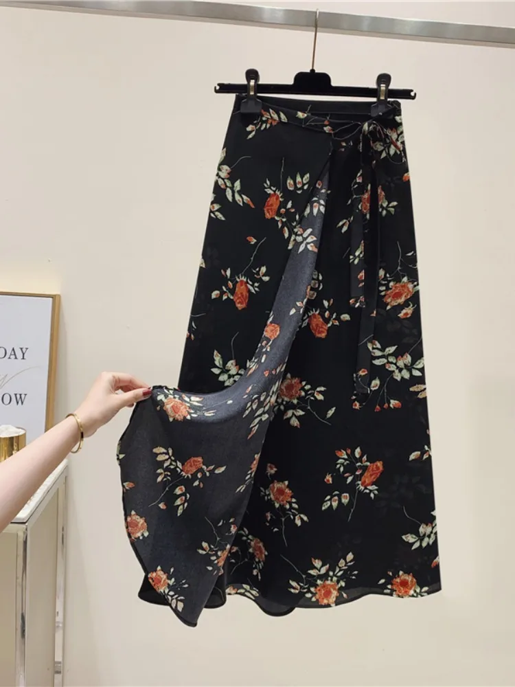 تنورة عالية الخصر على شكل حرف a ميدي للنساء مطبوع عليها زهور شيفون لف Bodycon ربيع الخريف مقاس كبير n Sle مكتب تخفيف #5