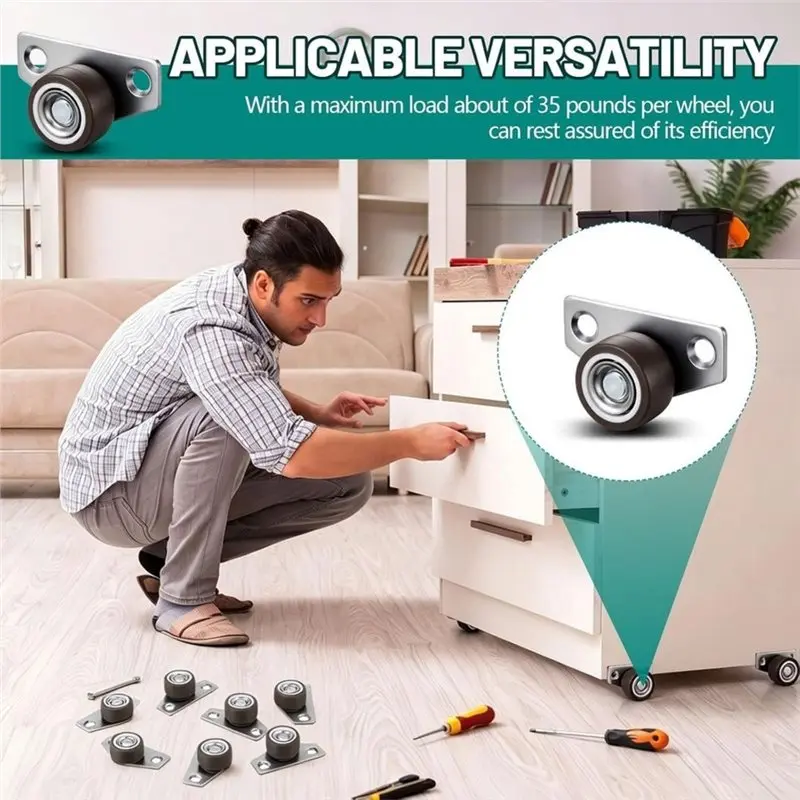 DTA4-20 Set 1 Inch Low Profile Casters, Side Mount Drawer Caster Wheels Non Swivel Rigid Casters Wheels,35Lbs Capacity Each