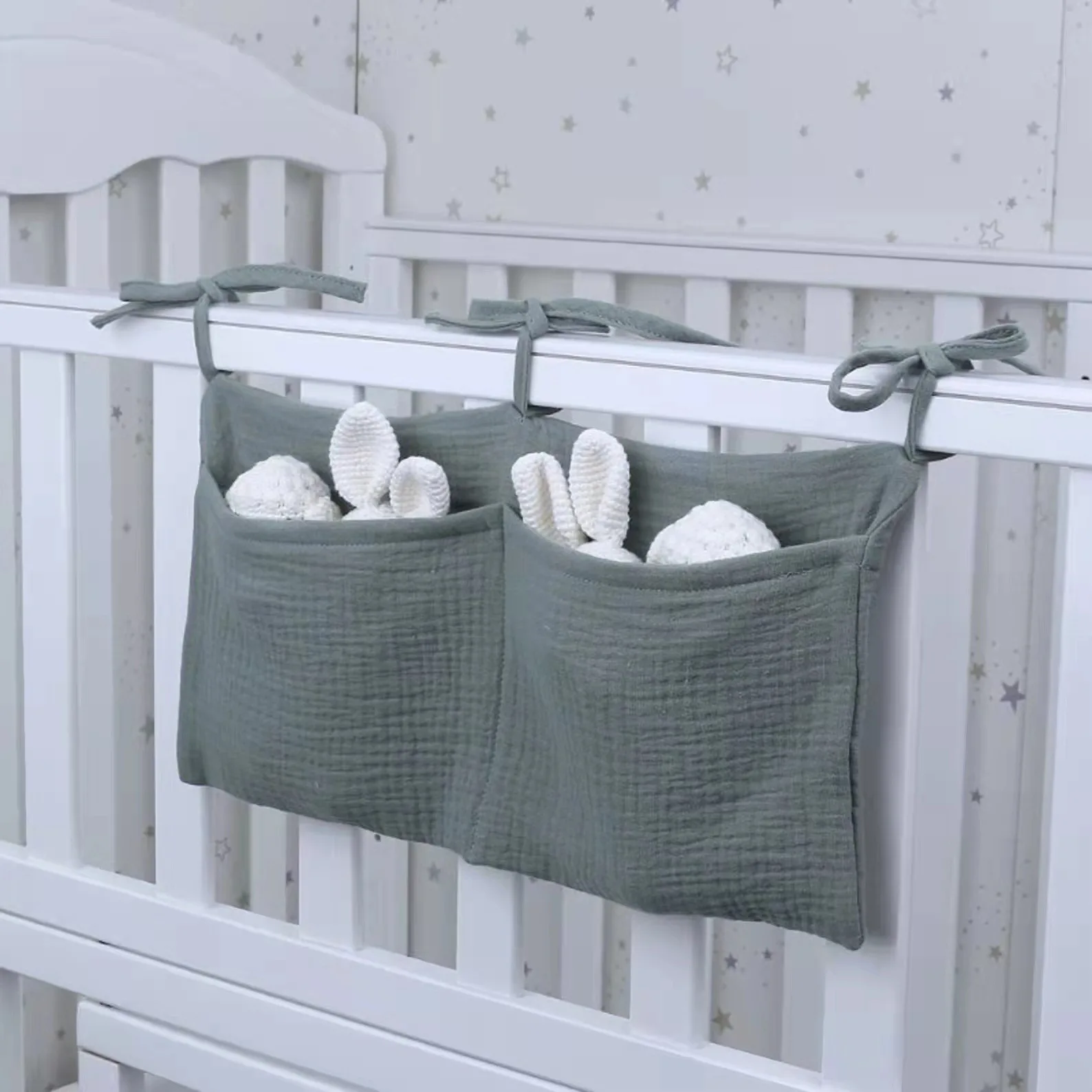 Double Cotton Hanging Cloth Baby Bedside Storage Bag Double Pocket Stroller Hanging Diaper Bag Printed Baby Bottle Hanging Bag