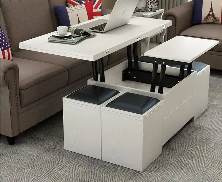 Folding elevating table and table. Scale multi-functional storage tea table with stools