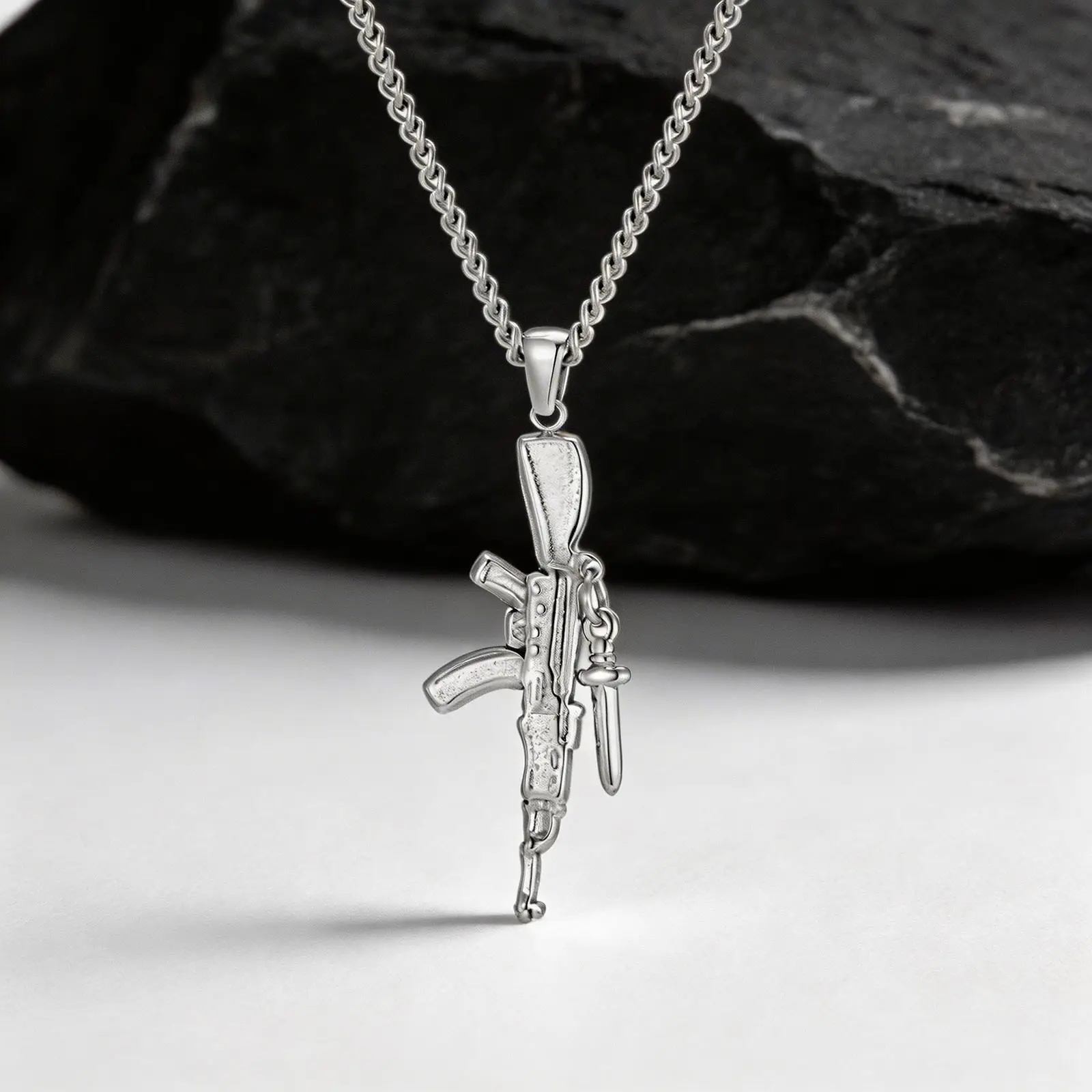 

Vnox Gun Sword Pendant Necklace for Men, Silver Color Stainless Steel Link Chain Punk Hip Hop Military Style Jewelry Charm Gifts