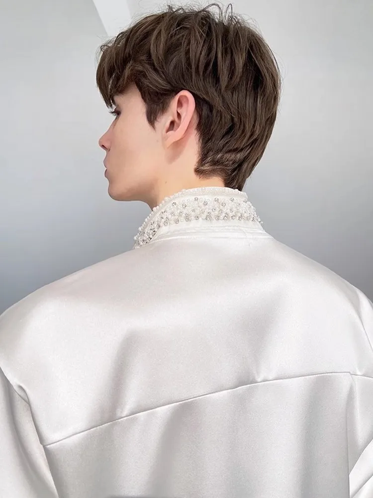 Chic Hot Sale Mens Pearls Diamonds Beads Stand Collar Shirts Pearl Flower Designer Long Sleeves Fashion Wedding Dress Shirt Tops