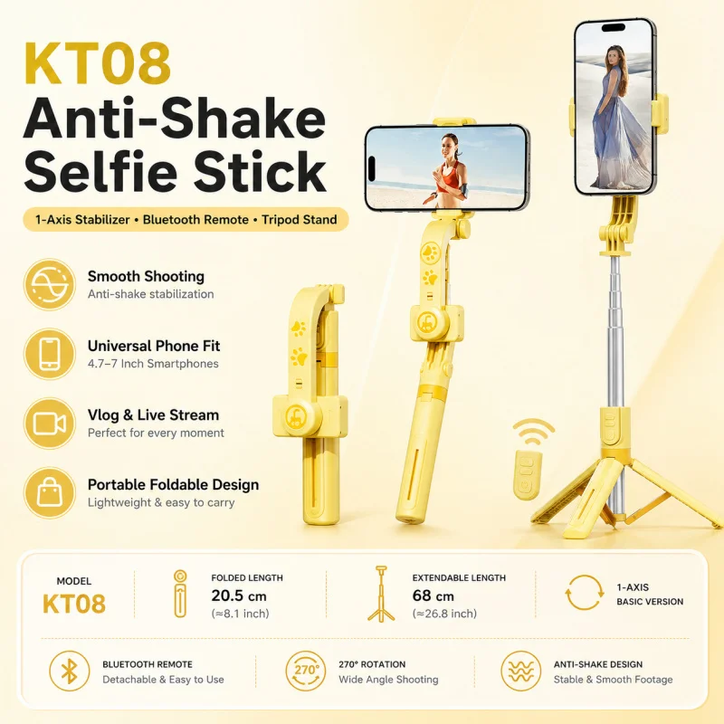Estabilizador de Selfie KT08 Antivibraciones, Soporte Universal para Teléfono con Gimbal de un Solo Eje, Soporte Portátil para Smartphone para Transmisión en Vivo