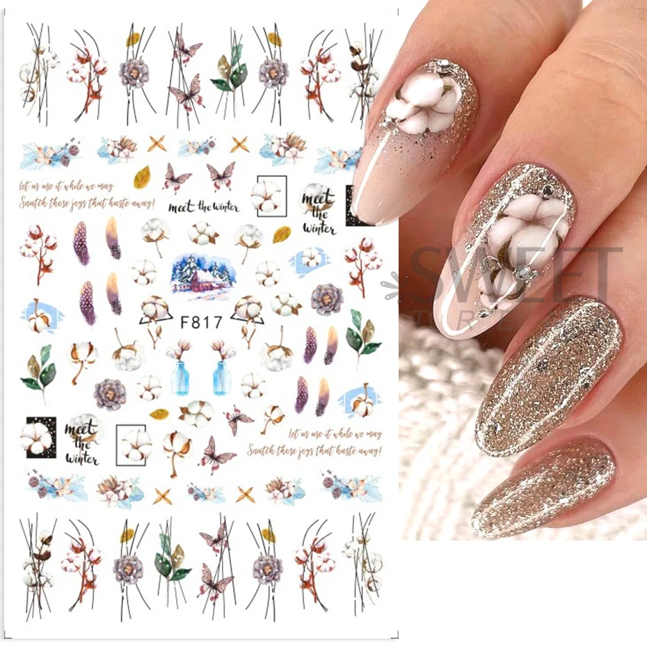 Cotton 3D Nail Stickers White Snow Elk Tree Wonderland Adhesive Transfer Decals Winter Autumn Design Cute Slider Manicure Tips