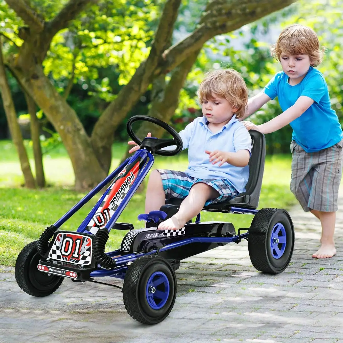 Go Kart for Kids, 4 Wheel Off-Road Pedal Go Cart w/Adjustable Seat, Steering Wheel, 2 Safety Brakes, EVA Rubber Tires, Ride-On