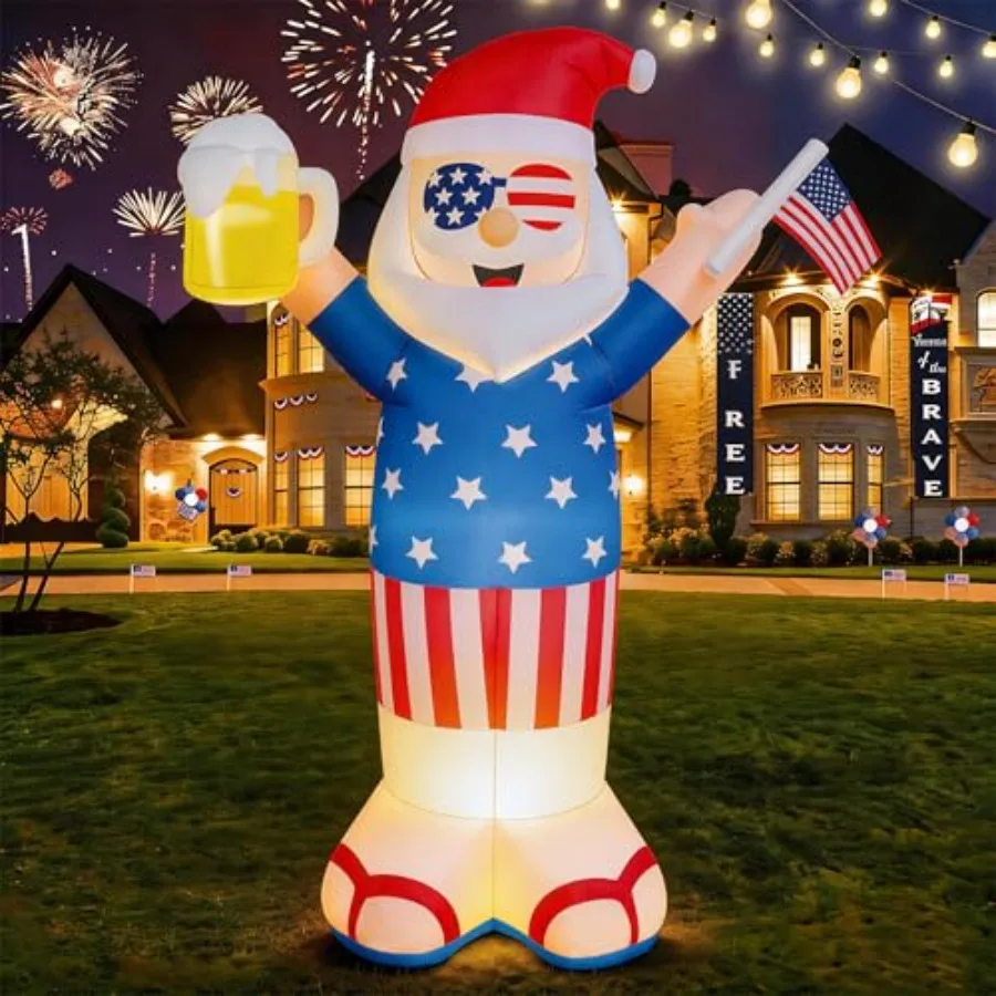 

Outdoor inflatable decoration for 4th of July parties: Uncle Sam with beer and flag, red-white-blue patriotic theme, durable PV