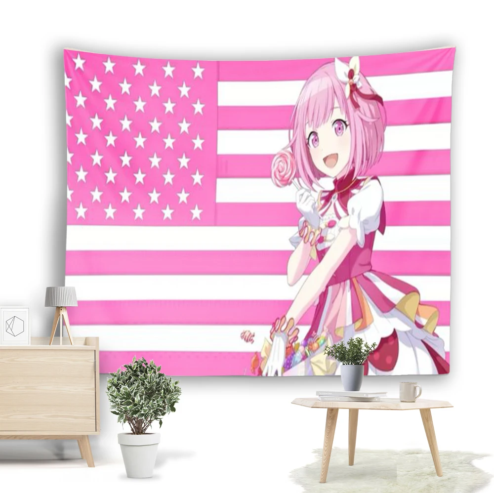 Anime Pink Hair Girl American Flag Tapestry Wall Hanging Cute Lollipop Character Poster Decorative Blanket Bedroom Living Room H