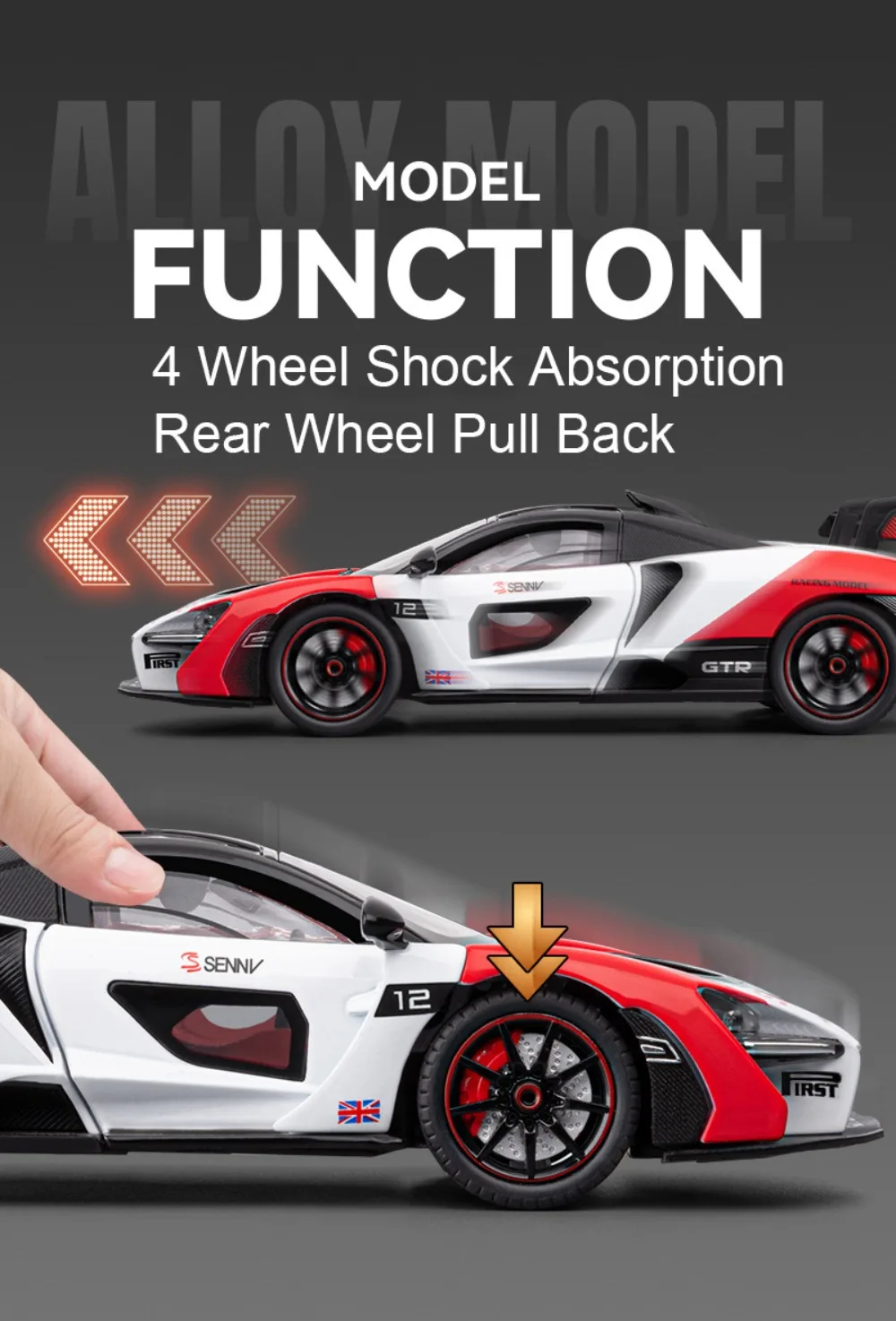 1:24 Senna GTR 720S Miniature Model Alloy Diecast Sports Car Toys Front Wheel Steering Sound Light Pull Back Boys Festival Gifts