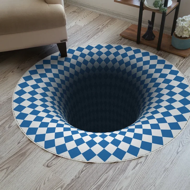Round Vortex Rug Optical Illusion Rug Checkered Blue White 3D Effect Hole Trick Psychedelic Retro Home Decoration