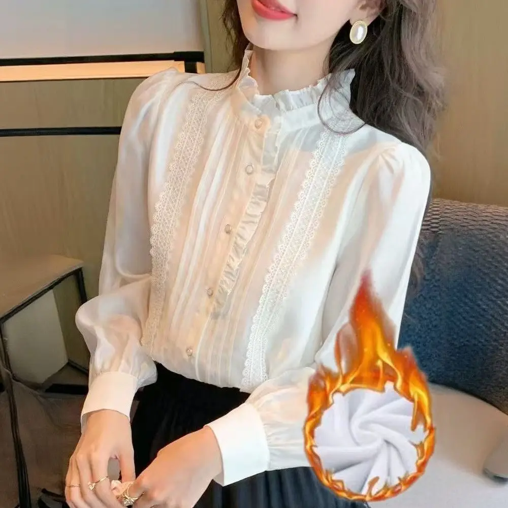 Loose Autumn Shirts Women's Fashionable Double Layered Long Sleeve Chiffon Top Plus Size Korean Style Round Neck Blouses D500