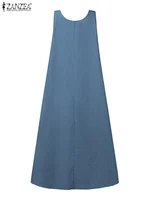 Été automne salopette Robe ZANZEA musulman Maxi Robe d'été Robe Femme Vintage bretelles solide a-ligne Denim bleu robes caftan 2025 5
