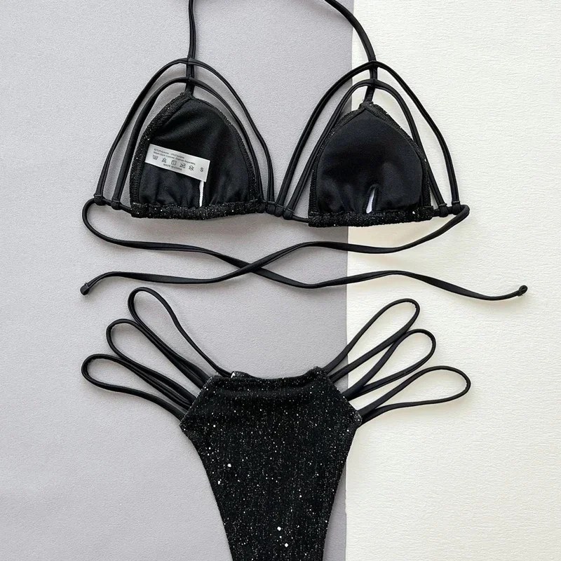 Black Shiny Bikini Women 2025 Sexy Bandage Hollow Out Two Piece Swimsuit Suspender Lace-up Backless Swimwear Summer Bathing Suit