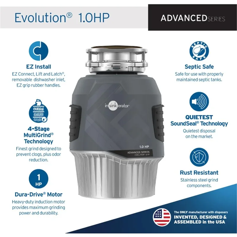 InSinkErator EVOLUTION 1HP 1 HP, Advanced Series Continuous Feed Food Waste Garbage Disposal, Gray