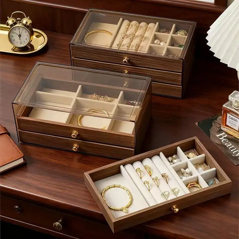 

2026New Style Three-layer Drawer Walnut High-end Multi-layer Exquisite Jewelry Box Earrings Bracelets Rings Necklaces Jewelry