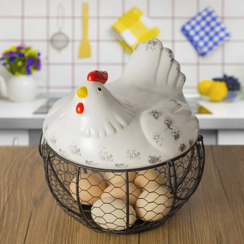 

Hen Ceramic Storage Basket Egg Fruit Frame Creative with Lid Iron Woven Basket Kitchen Accessories Convenient and Practical