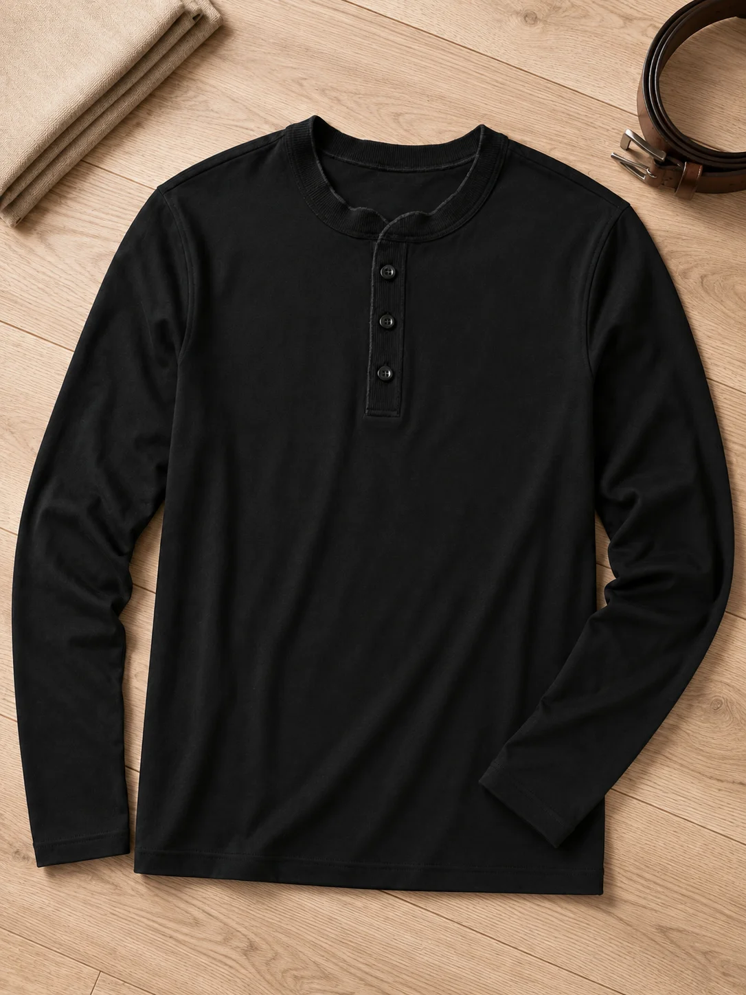 Men's long-sleeve cotton Henley shirt—soft and moisture-wicking.