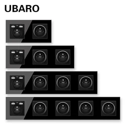 UBARO French Standard Black Tempered Crystal Glass Wall Panel Socket With Usb 5V 2A Power Electrical Plugs AC100-250V16A Outlet