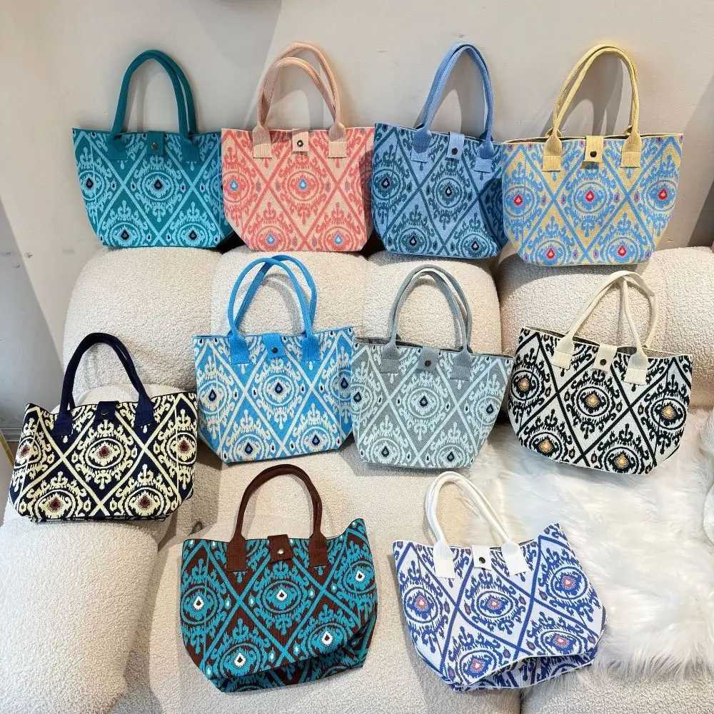

Retro Geometric Pattern Knitted Bag Large Capacity Colorful Printing Tote Bag Lightweight Handmade Travel Handbag