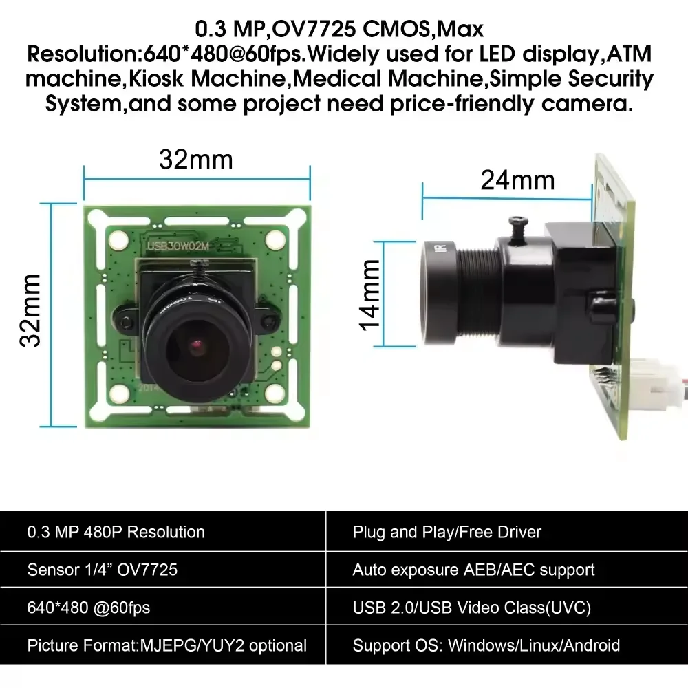 

ELP VGA USB Camera Module High Speed 60fps Camera Wide Angle 100Degree with M7 Lens for PC Laptop Window Linux Mac