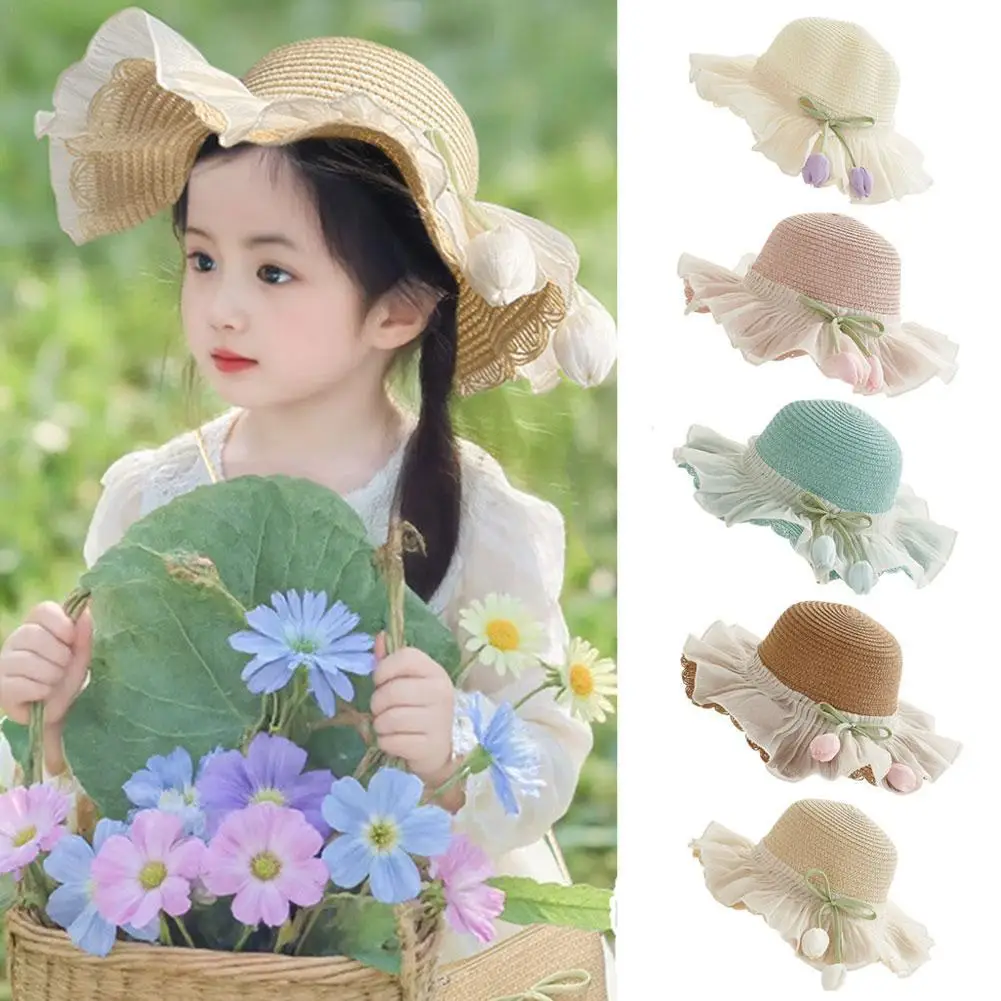 

Girls Summer Princess Straw Hat Wide Brim Beach Sun Hat UV Protection, Tulip Fisherman Style Sunshield for Toddler Kids