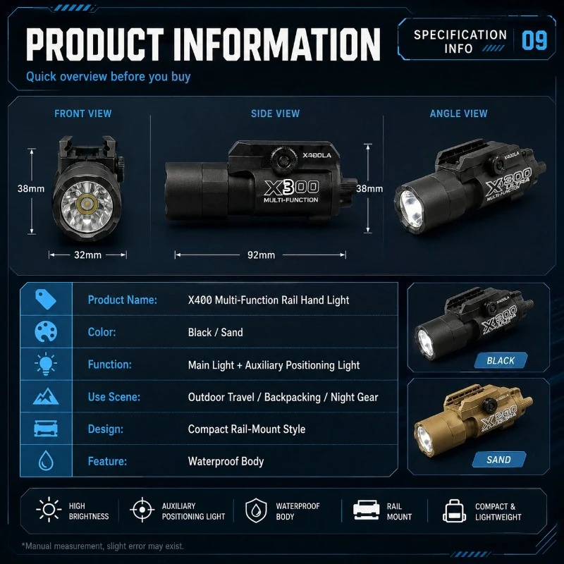 X300U-A Handheld Rail Flashlight Black & Sand Color High Bright LED Torch Outdoor Backpack Camping Night Accessory Light