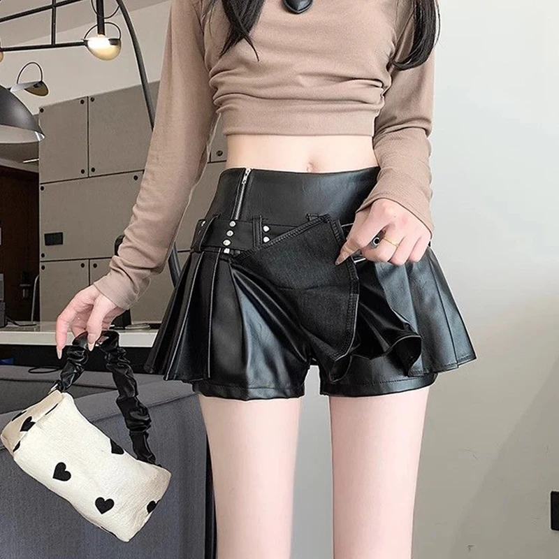 Jupe demi-corps en cuir PU noir rétro pour femme, pantalon court plissé, taille haute, ligne a, doux et épicé, automne
