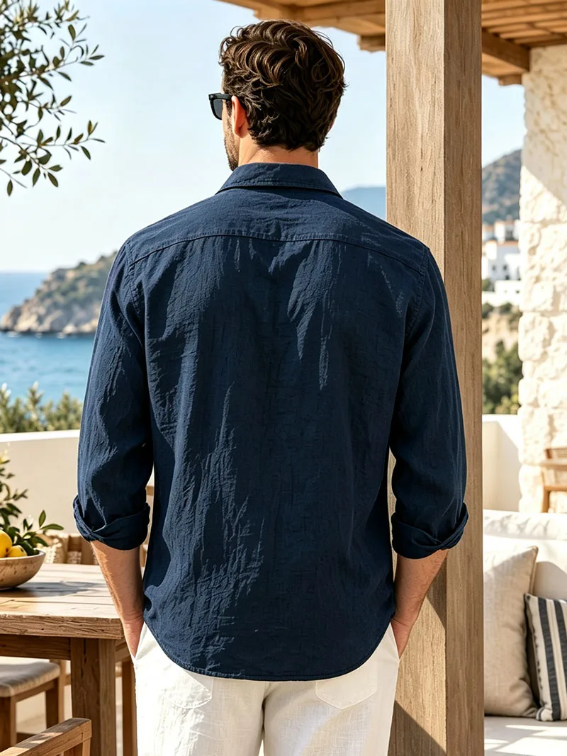 Herren-Leinenhemd für Frühling und Herbst, lässiges Langarmhemd mit Knöpfen, lockerer Schnitt, strukturierte Oberseite, leichtes Resort-Outfit für Herren – Detail 5