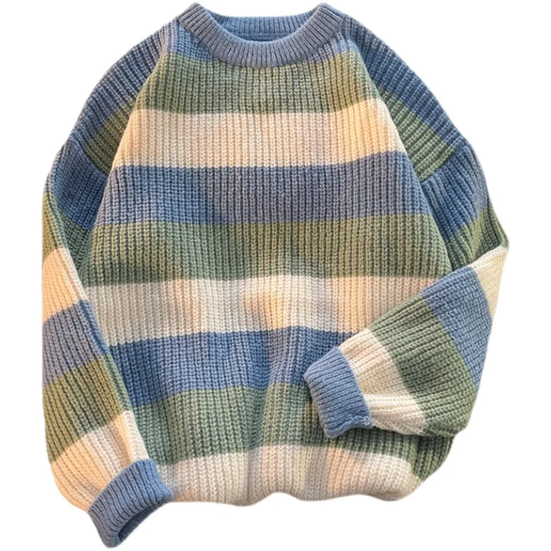 

Loose Fit Color Blo Striped Knitwear round Ne Sweater for Men Autumn Winter Casual Wear Polyester Fiber Warmth Youth Sle