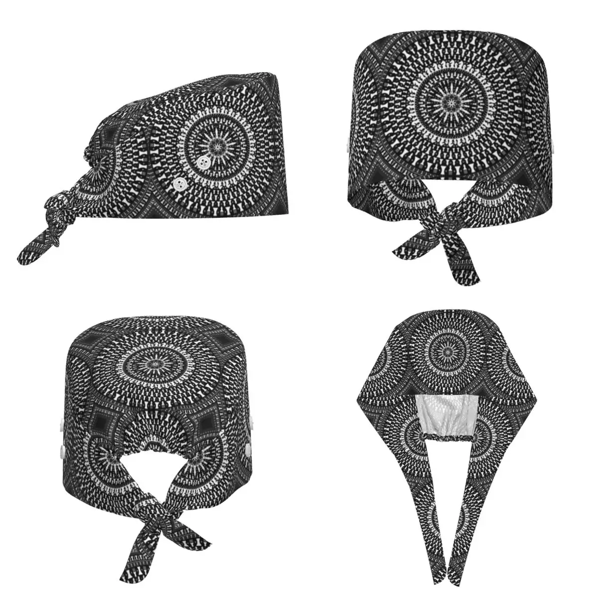 Chess Pieces Mandala Grayscale Chessboard Scrub Hat Doctor Working Surgical Cap Unisex Adjustable Nursing Caps for Dentist