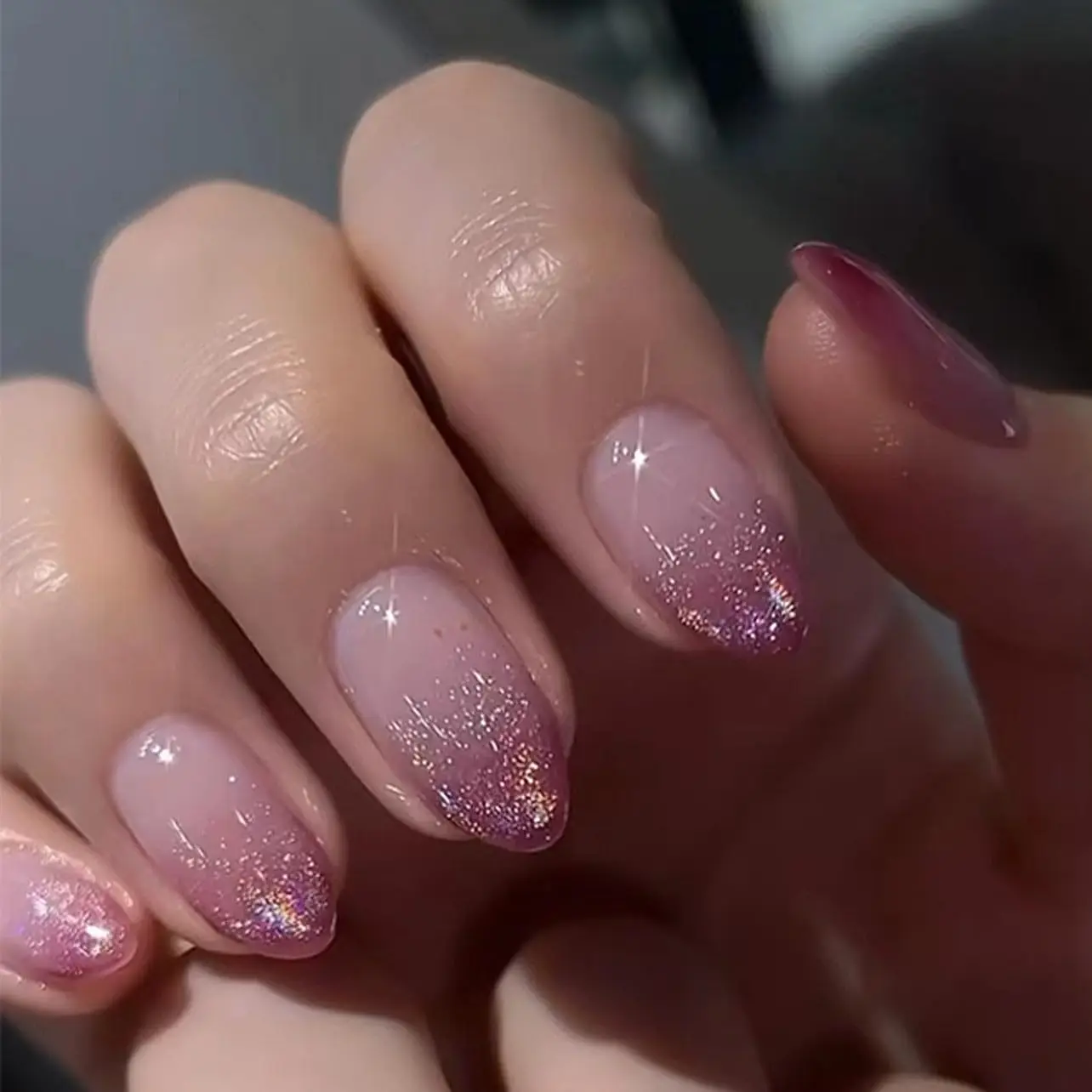 10PCS Sweet Nude Pink Cat Eye Handmade Press on Nails Plaid French with Bowknot False Nails Short Oval Wearable Fake Nails - Detail 1
