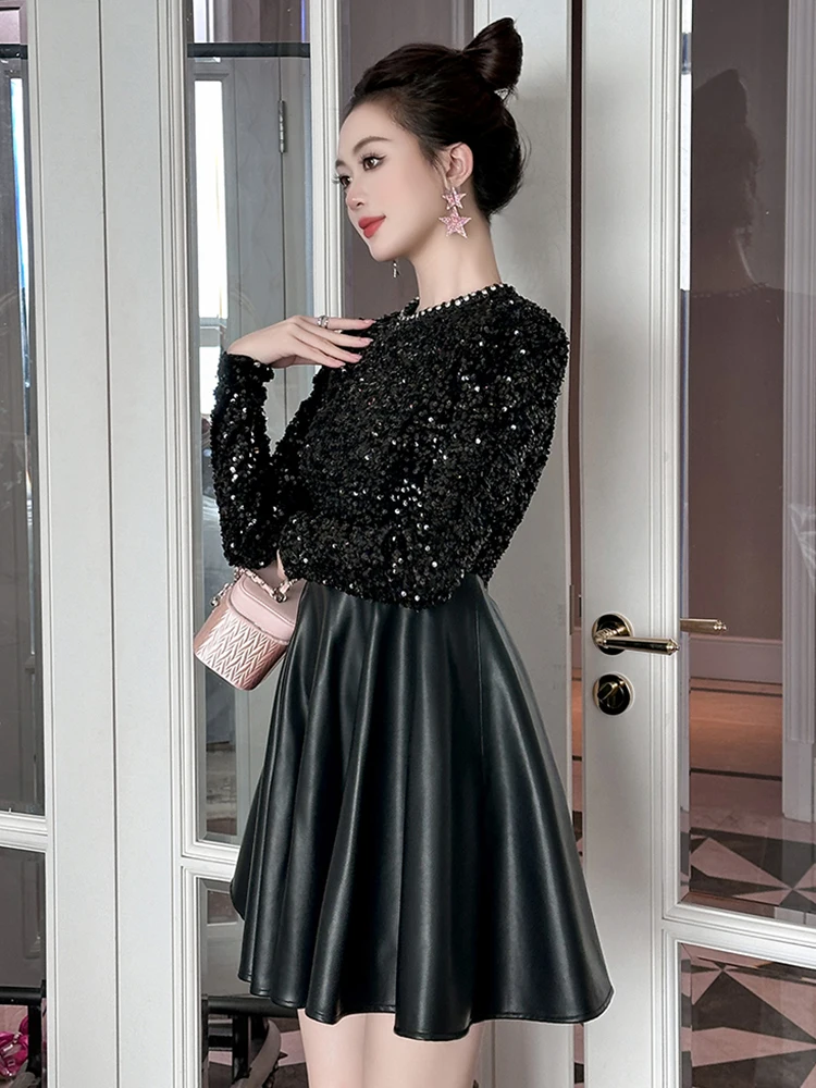 Abiti da donna Moda Dolce Abito da ballo Donna Elegante Lusso Nero Luminoso Paillettes PU Ecopelle Abito da ballo Party Club Abiti