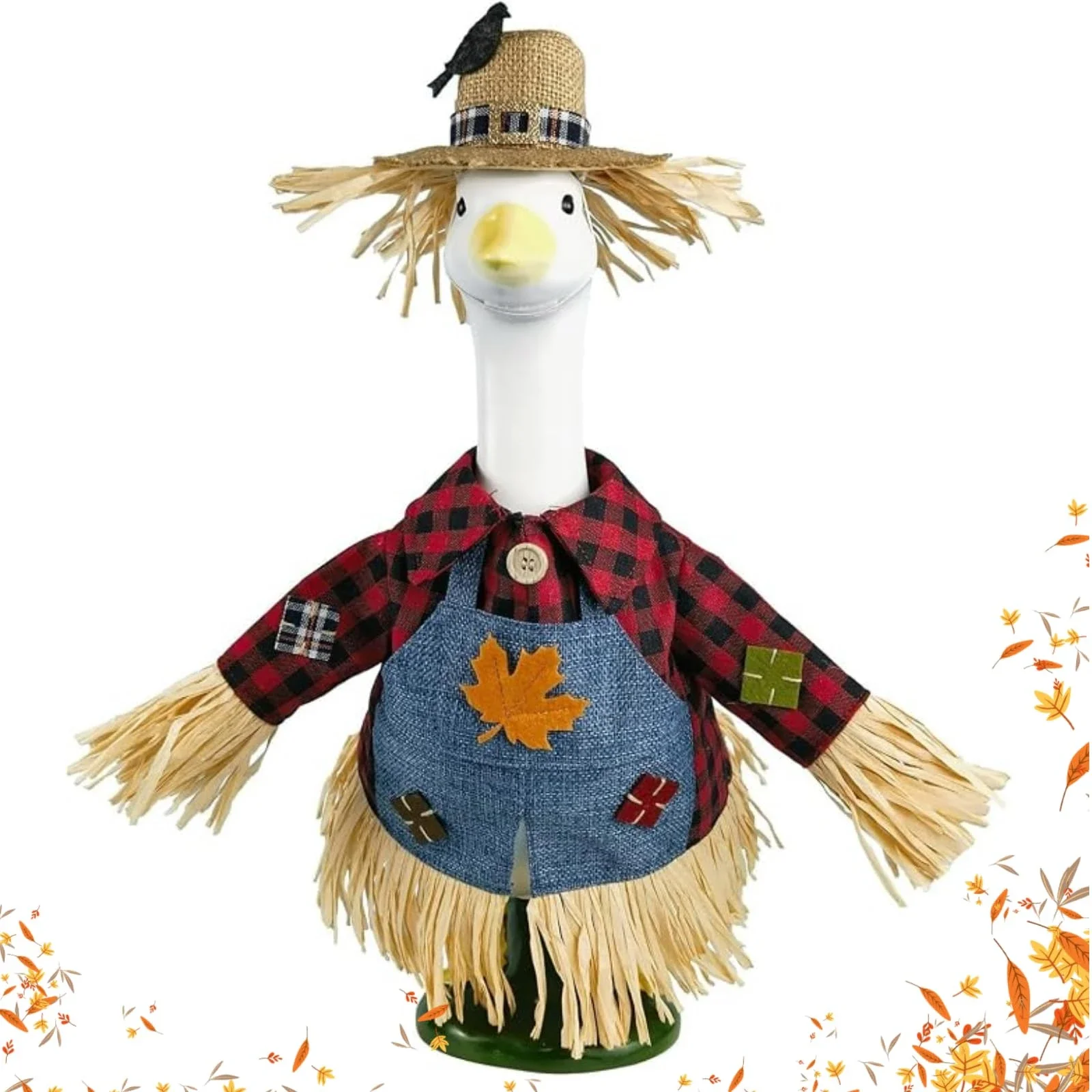 23 Inch Porch Goose Scarecrow Costume Fall Harvest Plaid Shirt Denim Apron Outfit for Farmhouse Thanksgiving Yard Statue Patio