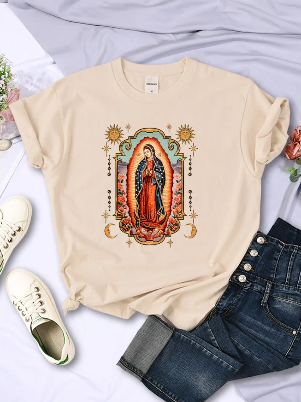 Street Woman T-Shirts Our Lady Of Guadalupe Bedruckte T-Shirts Bequemer O-Ausschnitt Weiche Kurzarm Sommer Lässige Damenkleidung
