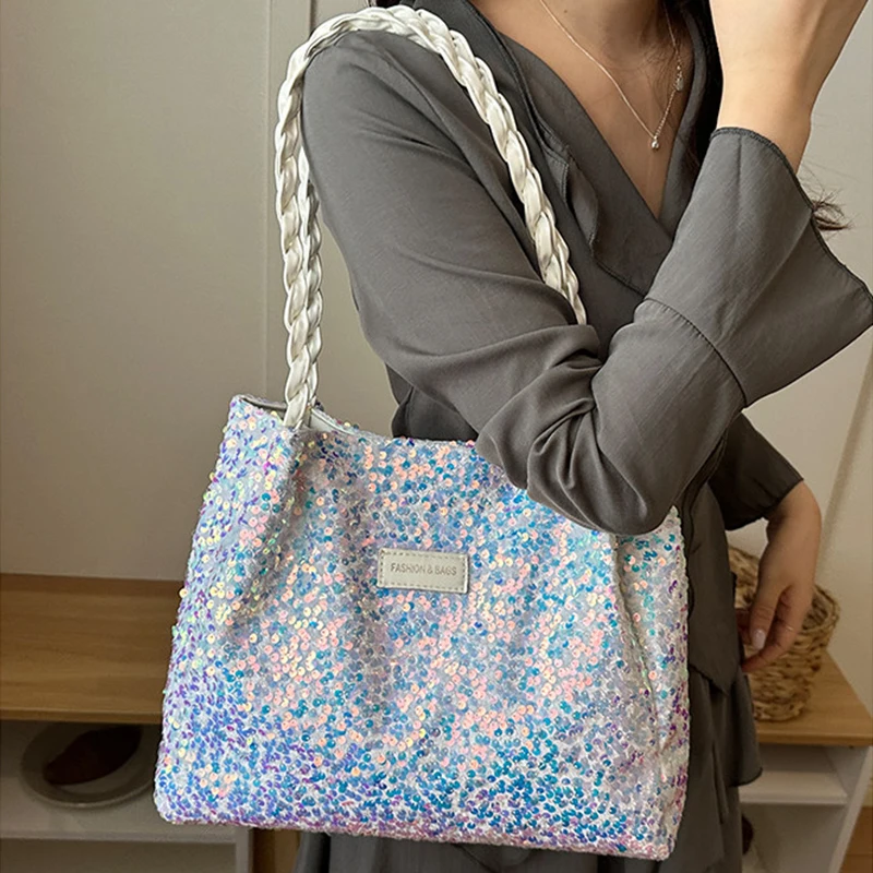 Color Sequined Women's Bag 2026 Autumn Large Capacity One Shoulder Handbag Casual Magnetic Button Good-looking Shopping Bag