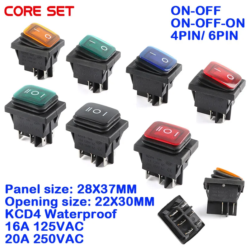 

20A125VAC KCD4 Waterproof Switch ON-OFF-ON Rocker Switch 12V Power Switch 3 Position 6 Pins self-Locking 16A 250VAC