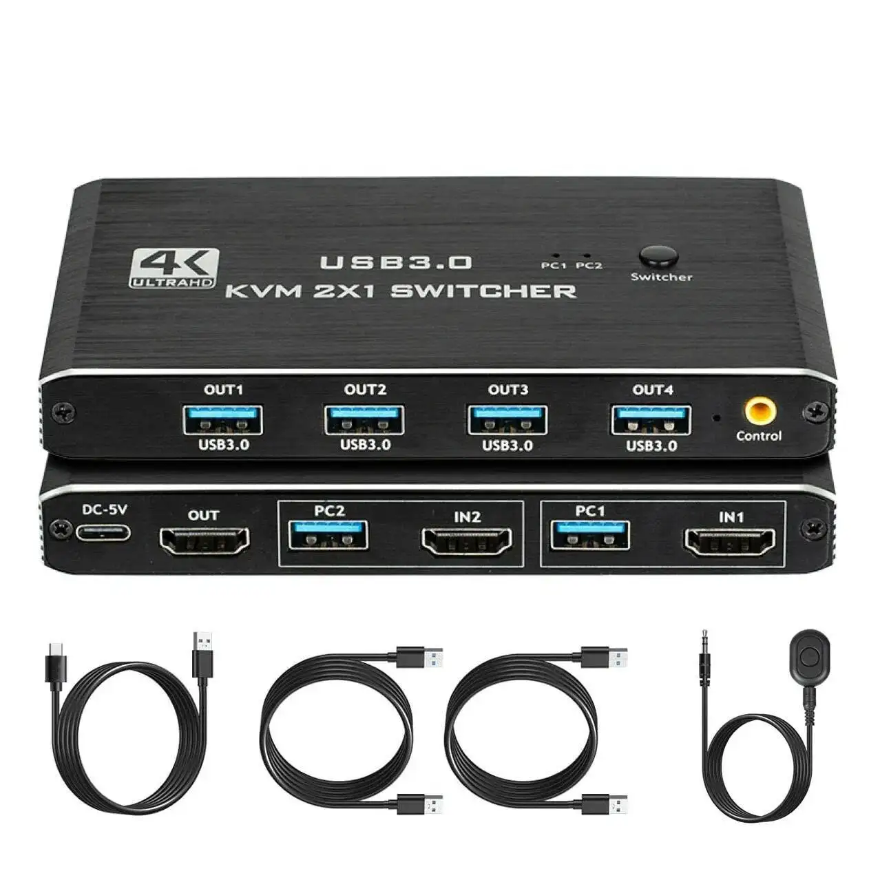 USB 3.0 KVM 2x1 Switch With Remote for 2 Computers Share 1 HDMI-compatible Monitor and Keybord/Mouse/Printer(4 USB Peripherals)